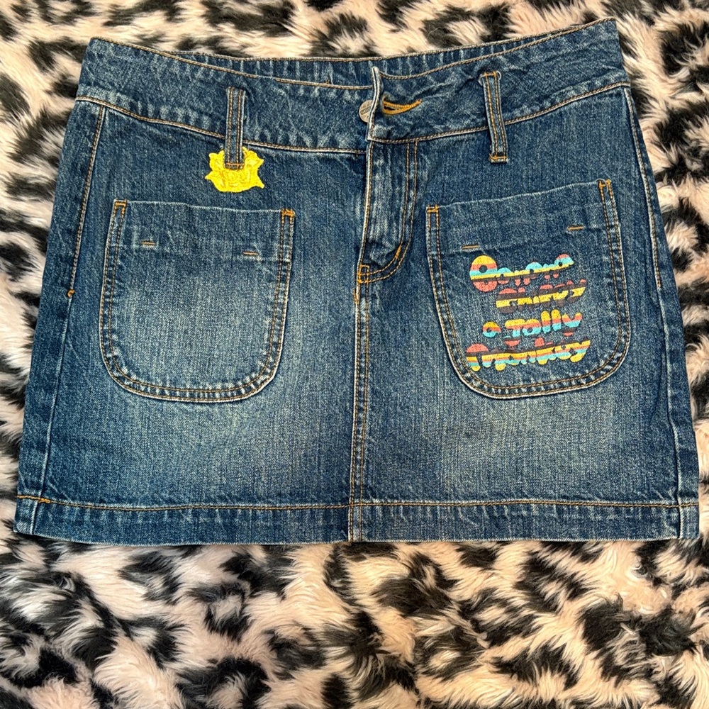 Banana Chippy A Jolly Monkey Vintage Retro Denim Skirt w/ Patches